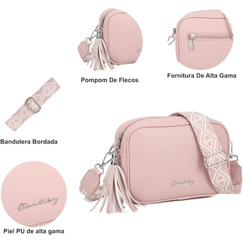 Bolso bandolera mujer pequeño de cuero PU con dos bandoleras bolso mensajero para cruzar PU - Rosa