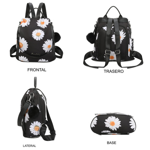 Mochila antirrobo Impermeable para mujer (14.80L) | Mochila Convertible en bolso con pompón y asa desmontable de adorno Margaritas