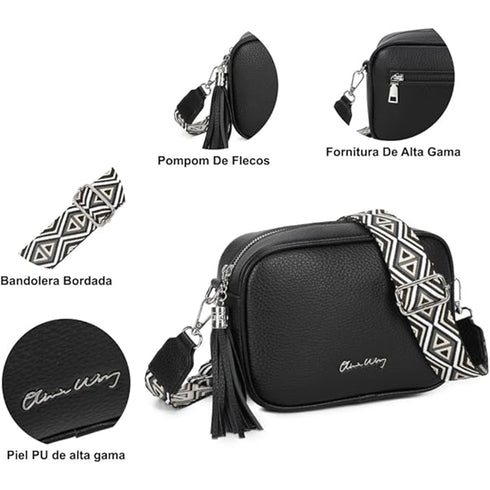 Bolso bandolera mujer pequeño de cuero PU con dos bandoleras bolso mensajero para cruzar PU - Negro