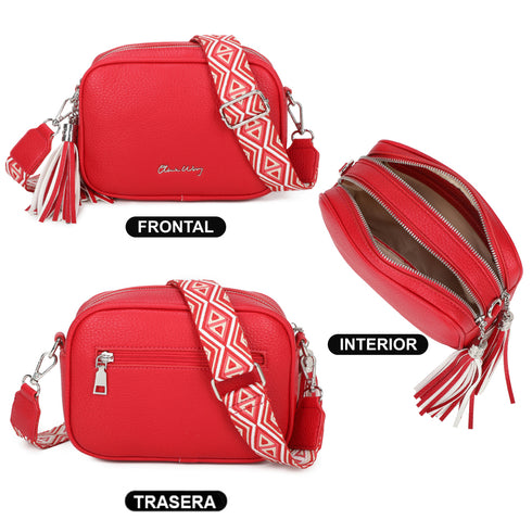 Bolso bandolera mujer pequeño de cuero PU dos compartimentos y dos bandoleras, bolso mensajero para cruzar polipiel regalo original para mujer - Rojo
