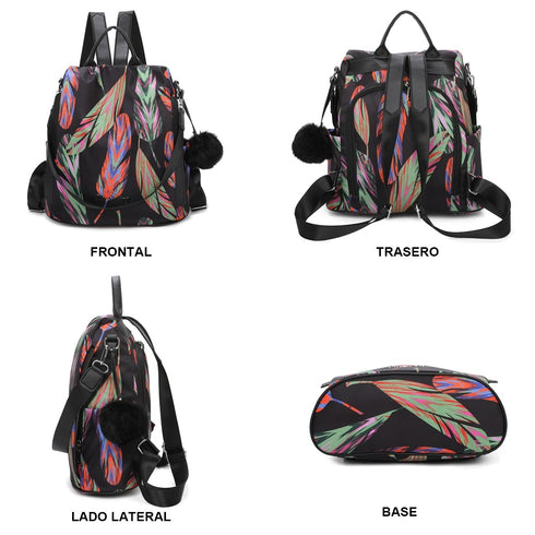 Mochila antirrobo Impermeable para mujer (14.80L) | Mochila Convertible en bolso con pompón y asa desmontable de adorno Plumas