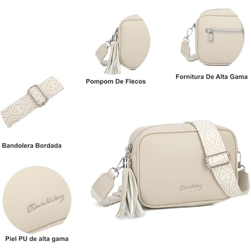 Bolso bandolera mujer pequeño de cuero PU con dos bandoleras bolso mensajero para cruzar PU - Beige