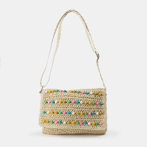 Bolso bandolera de rafia con bolitas para mujer beige Nadia