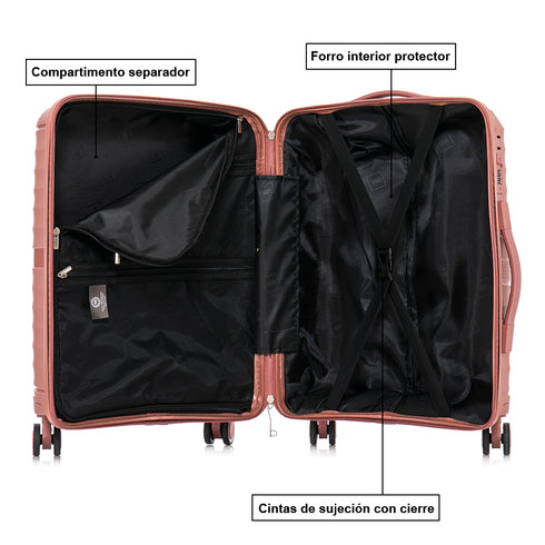 Maleta de cabina 55x39x21.5 cm (46L) Polipropileno - Candado Incrustado - 20 Pulgadas - Rosa Dorado - Chocolate