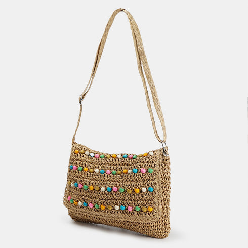 Bolso bandolera de rafia con bolitas para mujer marrón Nadia