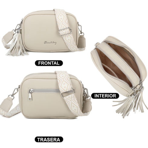 Bolso bandolera mujer pequeño de cuero PU dos compartimentos y dos bandoleras, bolso mensajero para cruzar polipiel regalo original para mujer - Beige