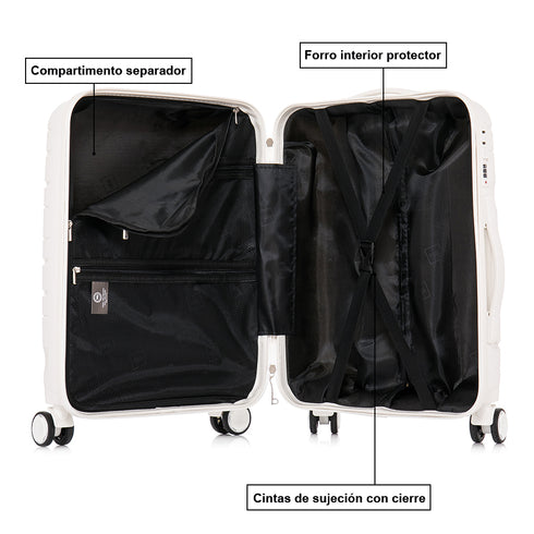 Maleta de cabina 55x38x22 cm (44L) Polipropileno - Candado Incrustado - 20 Pulgadas - Blanco - Bass