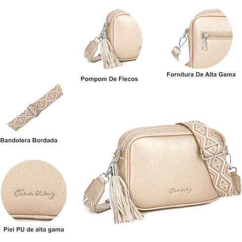 Bolso bandolera mujer pequeño de cuero PU con dos bandoleras bolso mensajero para cruzar PU - Dorado