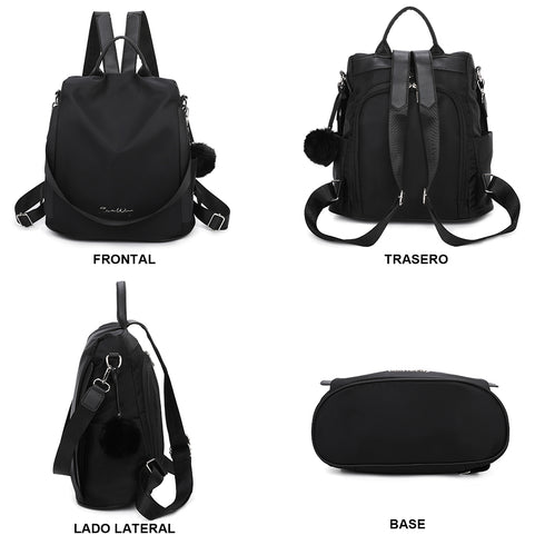 Mochila antirrobo Impermeable para mujer (14.80L) | Mochila Convertible en bolso con pompón y asa desmontable de adorno Negro
