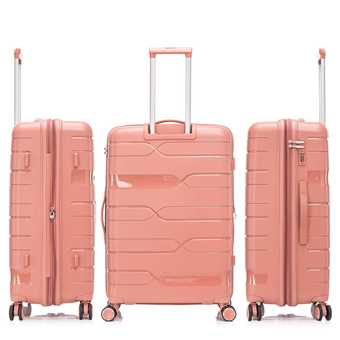 Juego de maletas PP Rígida 3 piezas|Maleta Cabina 55cm|Maleta Mediana 65cm Expandible |Maleta Grande 75cm Expandible |Bass Rosa Dorado