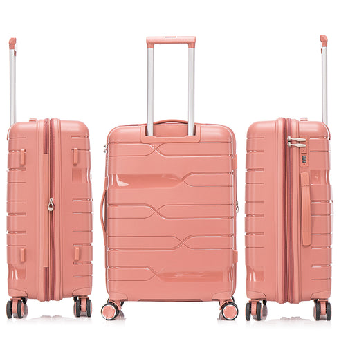 Juego de maletas PP Rígida 3 piezas|Maleta Cabina 55cm|Maleta Mediana 65cm Expandible |Maleta Grande 75cm Expandible |Bass Rosa Dorado