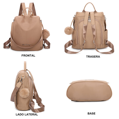 Mochila antirrobo Impermeable para mujer (14.80L) | Mochila Convertible en bolso con pompón y asa desmontable de adorno Khaki