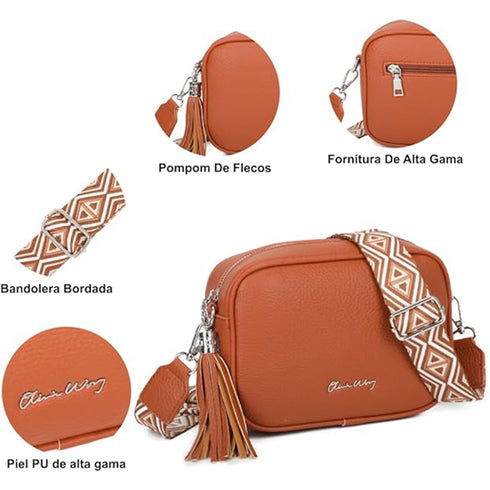 Bolso bandolera mujer pequeño de cuero PU con dos bandoleras bolso mensajero para cruzar PU - Marrón