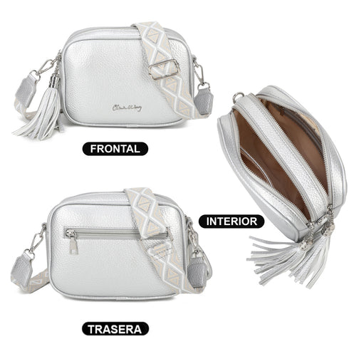 Bolso bandolera mujer pequeño de cuero PU dos compartimentos y dos bandoleras, bolso mensajero para cruzar polipiel regalo original para mujer - Plata