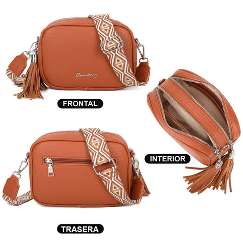 Bolso bandolera mujer pequeño de cuero PU dos compartimentos y dos bandoleras, bolso mensajero para cruzar polipiel regalo original para mujer - Marrón