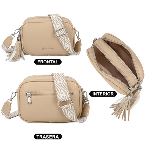 Bolso bandolera mujer pequeño de cuero PU dos compartimentos y dos bandoleras, bolso mensajero para cruzar polipiel regalo original para mujer - Khaki