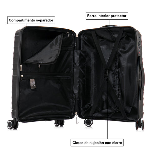 Maleta de cabina 55x39x21.5 cm (46L) Polipropileno - Candado Incrustado - 20 Pulgadas - Negro - Chocolate