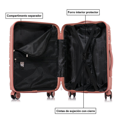 Maleta de cabina 55x38x22 cm (44L) Polipropileno - Candado Incrustado - 20 Pulgadas - Rosa dorado - Bass