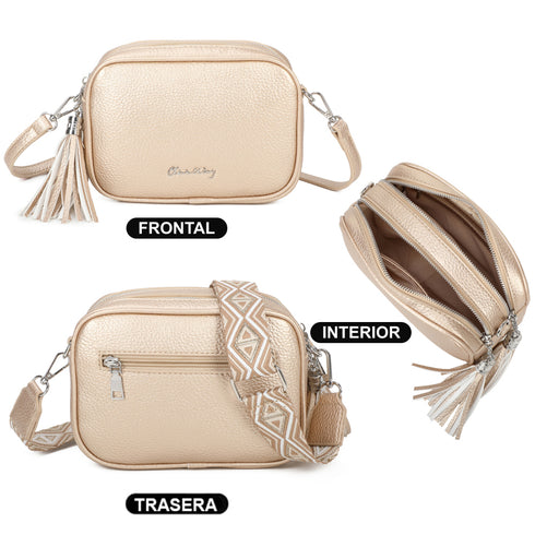 Bolso bandolera mujer pequeño de cuero PU dos compartimentos y dos bandoleras, bolso mensajero para cruzar polipiel regalo original para mujer - Dorado