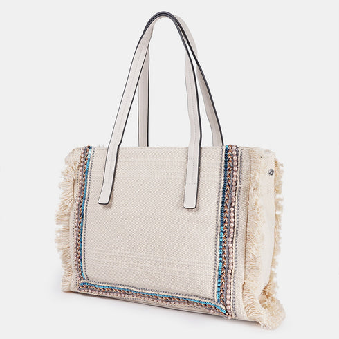 Bolso shopper para mujer de lona étnica beige Indira