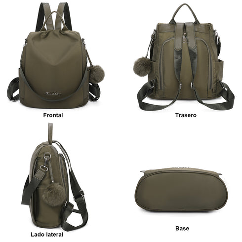 Mochila antirrobo Impermeable para mujer (14.80L) | Mochila Convertible en bolso con pompón y asa desmontable de adorno Verde