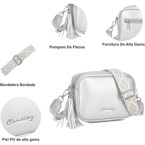 Bolso bandolera mujer pequeño de cuero PU con dos bandoleras bolso mensajero para cruzar PU - Plata