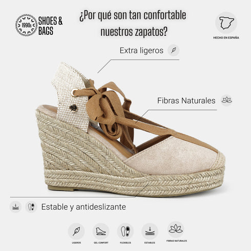 Alpargata con cuña de esparto para mujer con lazo beige Julia