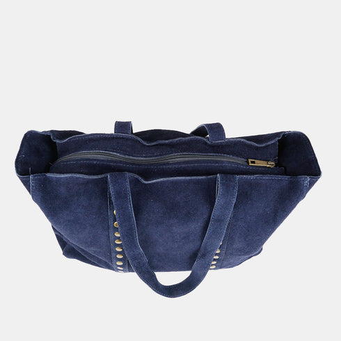 Bolso shopper para mujer de piel serraje con tachuelas azul marino Alexandra