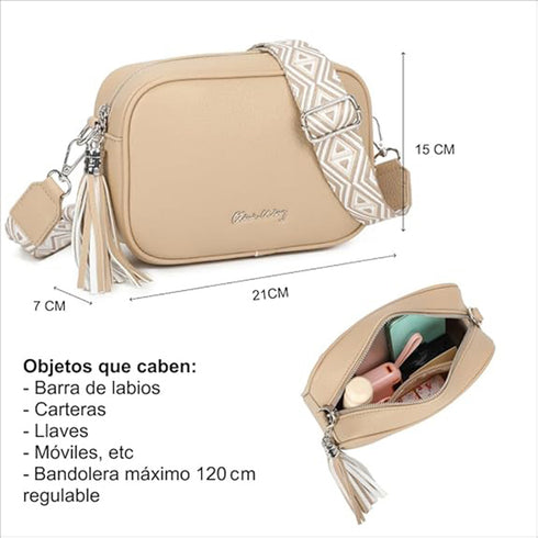 Bolso bandolera mujer pequeño de cuero PU con dos bandoleras bolso mensajero para cruzar PU - Taupe