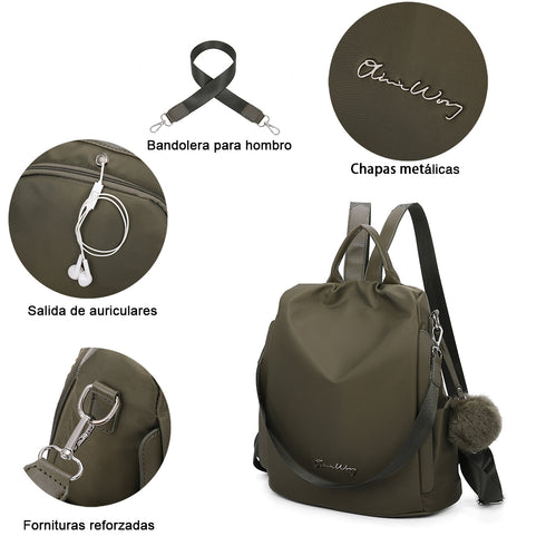 Mochila antirrobo Impermeable para mujer (14.80L) | Mochila Convertible en bolso con pompón y asa desmontable de adorno Verde