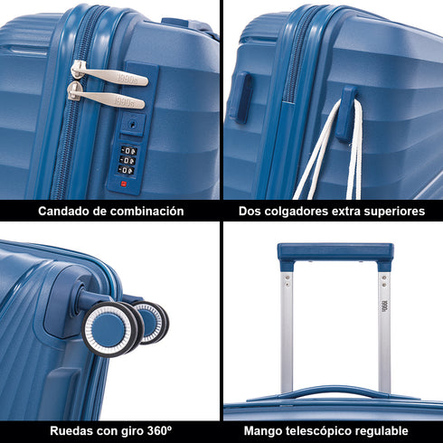 Juego de maletas PP Rígida 3 piezas|Maleta Cabina 55cm|Maleta Mediana 65cm Expandible |Maleta Grande 75cm Expandible |Choco Azul marino