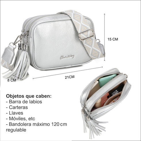 Bolso bandolera mujer pequeño de cuero PU dos compartimentos y dos bandoleras, bolso mensajero para cruzar polipiel regalo original para mujer - Plata