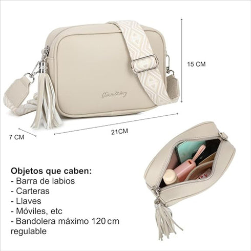 Bolso bandolera mujer pequeño de cuero PU con dos bandoleras bolso mensajero para cruzar PU - Beige