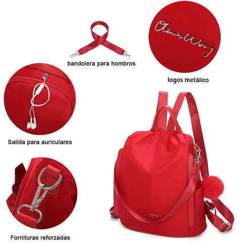 Mochila antirrobo Impermeable para mujer (14.80L) | Mochila Convertible en bolso con pompón y asa desmontable de adorno Rojo