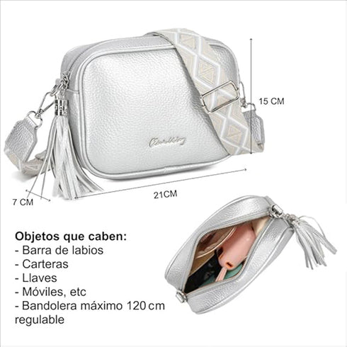 Bolso bandolera mujer pequeño de cuero PU con dos bandoleras bolso mensajero para cruzar PU - Plata