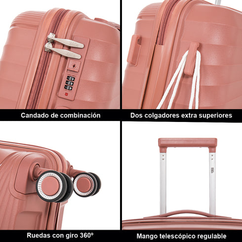 Maleta de cabina 55x39x21.5 cm (46L) Polipropileno - Candado Incrustado - 20 Pulgadas - Rosa Dorado - Chocolate