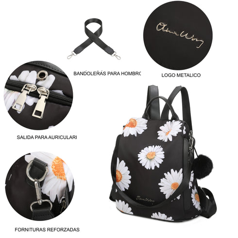 Mochila antirrobo Impermeable para mujer (14.80L) | Mochila Convertible en bolso con pompón y asa desmontable de adorno Margaritas