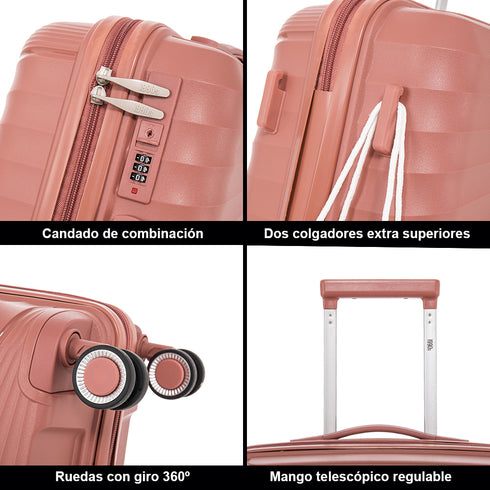 Juego de maletas PP Rígida 3 piezas|Maleta Cabina 55cm|Maleta Mediana extensible 65cm|Maleta Grande Extensible 75cm|Choco Rosa