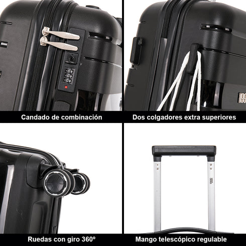 Juego de maletas PP Rígida 3 piezas|Maleta Cabina 55cm|Maleta Mediana 65cm Expandible |Maleta Grande 75cm Expandible |Bass Negro