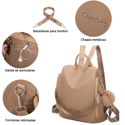 Mochila antirrobo Impermeable para mujer (14.80L) | Mochila Convertible en bolso con pompón y asa desmontable de adorno Khaki