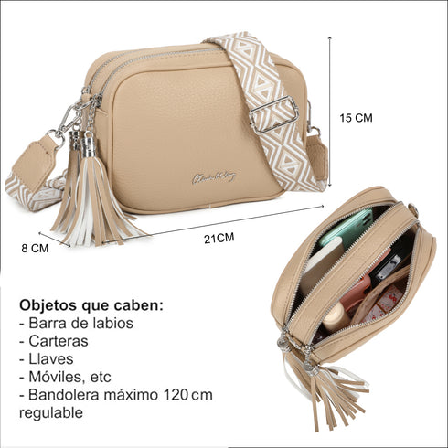 Bolso bandolera mujer pequeño de cuero PU dos compartimentos y dos bandoleras, bolso mensajero para cruzar polipiel regalo original para mujer - Khaki