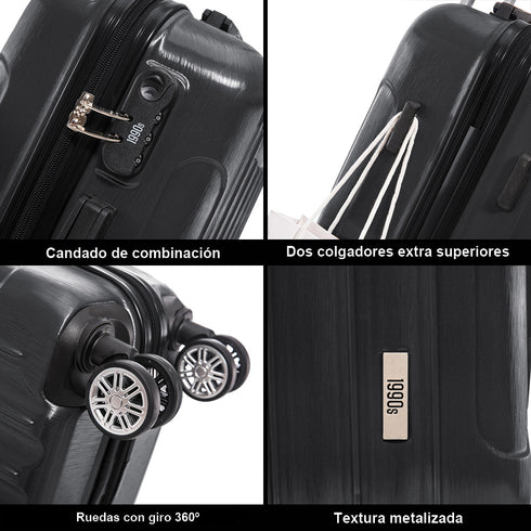 1990s Juego de Maletas Policarbonato Rígida 3 Piezas|Maleta Cabina 55cm|Maleta Mediana 68cm|Neceser 29cm|Negro