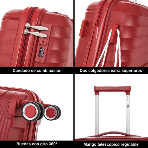 Maleta de cabina 55x39x21.5 cm (46L) Polipropileno - Candado Incrustado - 20 Pulgadas - Burdeos - Chocolate