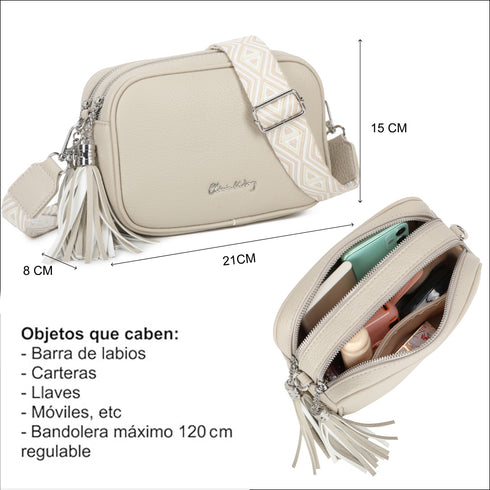 Bolso bandolera mujer pequeño de cuero PU dos compartimentos y dos bandoleras, bolso mensajero para cruzar polipiel regalo original para mujer - Beige