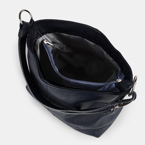 Bolso de hombro para mujer de piel con bandolera extensible azul marino Mara