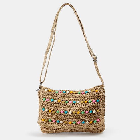 Bolso bandolera de rafia con bolitas para mujer marrón Nadia