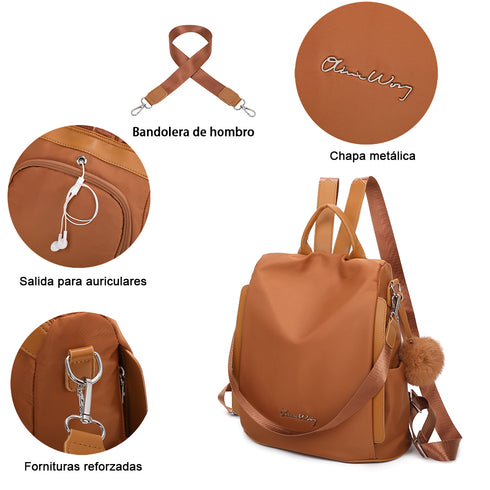 Mochila antirrobo Impermeable para mujer (14.80L) | Mochila Convertible en bolso con pompón y asa desmontable de adorno Marrón