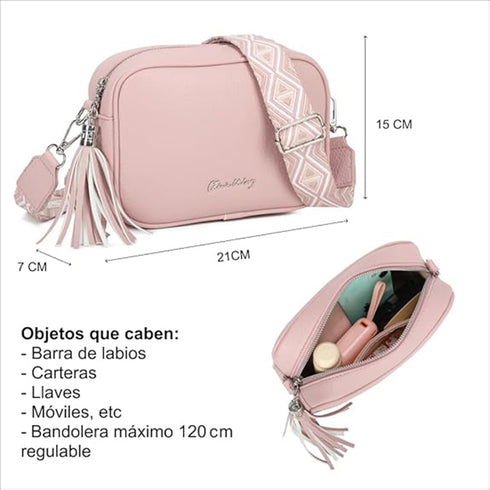 Bolso bandolera mujer pequeño de cuero PU con dos bandoleras bolso mensajero para cruzar PU - Rosa