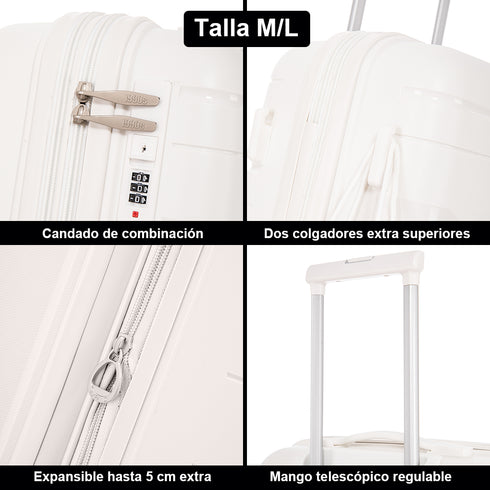 Juego de maletas PP Rígida 3 piezas|Maleta Cabina 55cm|Maleta Mediana 65cm Expandible |Maleta Grande 75cm Expandible |Bass Blanco