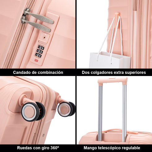 Maleta de cabina 55x39x21.5 cm (46L) Polipropileno - Candado Incrustado - 20 Pulgadas - Rosa Claro - Choco